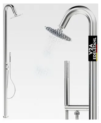 Produktbild von Gartendusche aus Edelstahl V2A / 304 mit 2 Anschlüssen für Warm- und Kaltwasser, Handbrause und 20 cm Regendusche für den Außenbereich