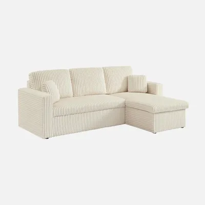 Produktbild von sweeek - 3-Sitzer Ecksofa mit Schlaffunktion und breit geripptem Bezug mit Fell-Optik - Creme