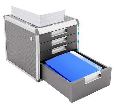 Produktbild von Abschließbare Metall-Schubladenbox mit 4 Ebenen, 31,5 x 35 x 29,8 cm zur Dokumentenaufbewahrung