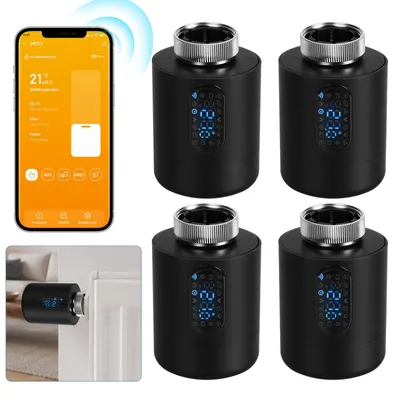 Obrázek produktu pro Chytrý termostat pro radiátory Peviasot, WiFi, ovládání přes aplikaci, kompatibilní s platformami Smart Life/Tuya, 7 adaptérů pro ventily, černý, balení 4 kusů