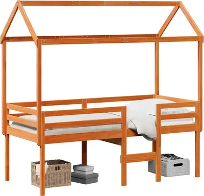 Produktbild von vidaXL Hochbett mit Dach Wachsbraun 75x190 cm Massivholz Kiefer