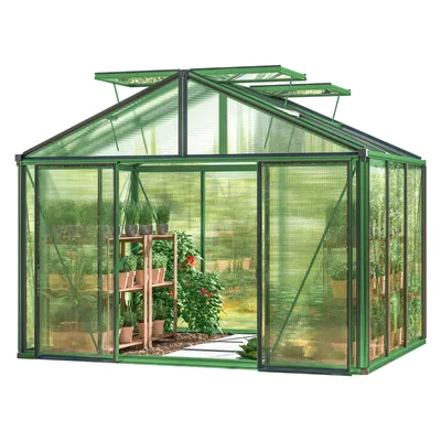 Produktbild von GFP Gewächshaus Asteria 21 Light 311x235 cm mit integriertem Fundament 12 mm Doppelstegplatten, Farbe Moosgrün