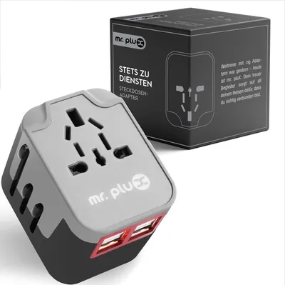 Produktbild von Universal Reiseadapter mit USB-Anschluss – Weltweiter Adapter für UK/USA/EU/AUS – Reise Steckdosenadapter für 150+ Länder – Kompakt & Sicher – Schwarz