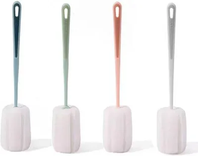 Produktbild von 4 Stück Plastik-Spülborstel, weiches Spülmittel für die Reinigung von Plastik-Flaschen mit langem Kunststoff-Griff, Flessen-Reiniger für Kaffeebecher, Weingläser, Weinflaschen und Geschirr.