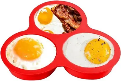 Obrázek produktu pro Silikonová forma na vejce – forma do horkovzdušné fritézy se 3 otvory – multifunkční pro troubu, mikrovlnnou troubu a horkovzdušnou fritézu – silikonové formičky na vejce – vhodné pro vejce, muffiny a malé koláčky – červená – praktická pomůcka na pečení
