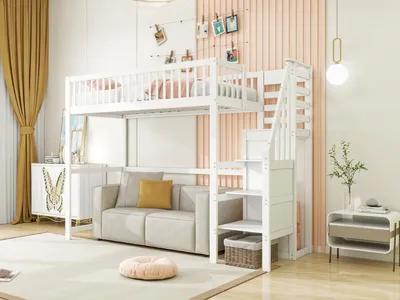 Produktbild von MODFU Hochbett Kinderbett 90x200cm mit Rausfallschutz, Massivholzbett mit Aufbewahrungsregal und Kleiderschrank, Jugendbett Bettgestell,Weiß
