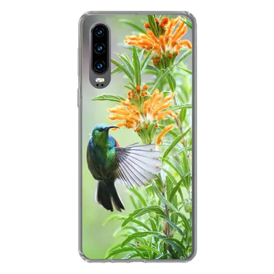 Produktbild von MuchoWow® Handyhülle Schutzhülle Hülle für Huawei P30 Nahaufnahme eines bunten Vogels neben Pflanzen mit orangefarbenen Blüten Silikon Softcase Handy Hülle - Kartenbesitzer