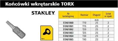 Zdjęcie produktu dla Stanley STA61061-XJ, 2 szt., Torx, T15, 25 mm, Sześciokątny