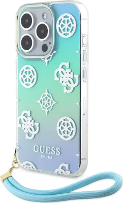 Obrázek produktu pro Pouzdro Guess na zadní stranu iPhone 15 Pro – duhové – s motivem pivoňky s třpytkami – s poutkem – tyrkysové
