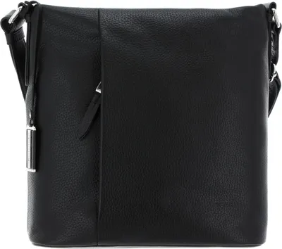 A black leather handbag is shown against a white background.