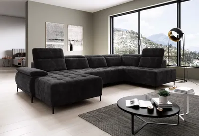 Produktbild von DOMO-HOME Großes U-förmiges Ecksofa FOCUS XL 352x204cm | Bequemes und modernes Design | Verstellbare Kopfstützen | r Veloursstoff | Schlafoption und elektrische Sitzverstellung | Farbe dunkelgrau | Links