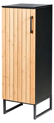 Produktbild von Badezimmerschrank aus Bambusholz in Hellbraun/Schwarz, schmal mit Tür, 90 cm
