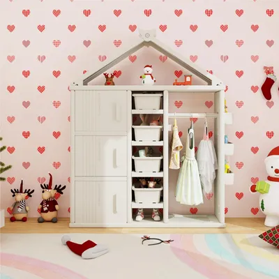 Produktbild von Kinderregal in Hausform – Kinderbücherregal – Spielzeugschrank – Aufbewahrungsregal – Kleiderstange – 4 Aufbewahrungsboxen