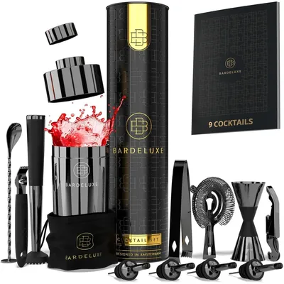 Produktbild von Cocktail Shaker Set Barset Cocktailmixer - 12-teilig - 750 ml - Edelstahl - Schwarz - Mit Geschenkbox und Rezeptbuch