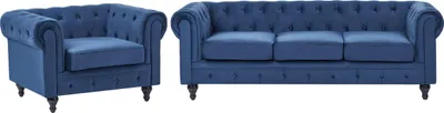 Obrázek produktu pro BELIANI Sedací souprava 3 + 1 modrá sametová sedací souprava Chesterfield a křeslo Vintage Glamour obývací pokoj