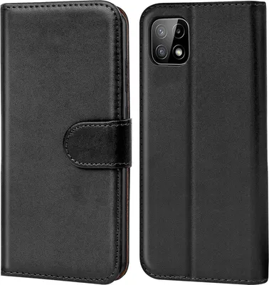 A black flip case for a smartphone is shown from two angles.