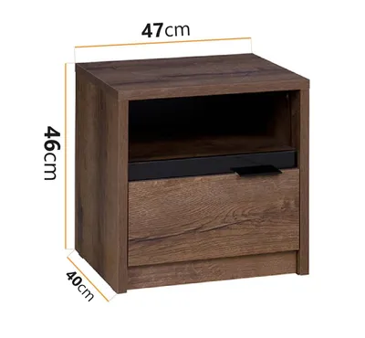 A wooden nightstand with a drawer and an open shelf, shown with dimensions indicated.
