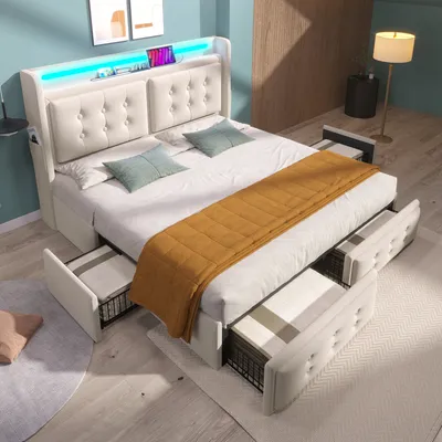 Produktbild von MODFU Polsterbett Funktionelles 140 x 200 cm mit USB-Ladeanschluss und 4 Schubladen, Doppelbett Stauraumbett mit Lattenrost aus Holz und Metallrahmen, Beige(Ohne Matratze)