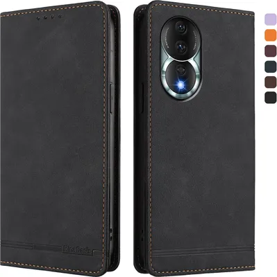 Image de Etui pour Honor 80, étui rétro en cuirPolyuréthaneavec support et fentes pour cartes de crédit Noir