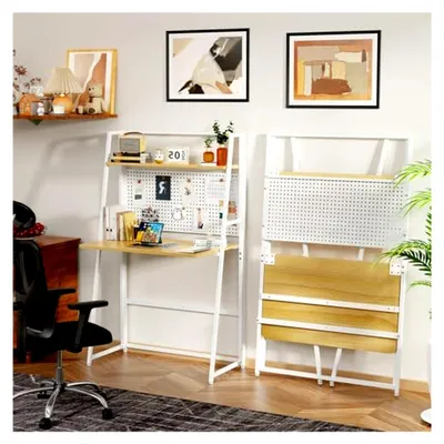 Produktbild von Klappbarer Schreibtisch mit Stecktafel, platzsparender Computertisch für kleine Räume, Klapptisch mit Regal, Holzfarben, 86x48x138 cm