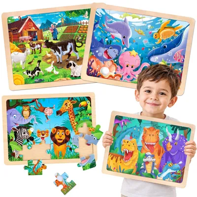 Produktbild von Holzpuzzle Tierpuzzle Kinderpuzzle - 4-in-1 - Vier Puzzles in einem Set - Tiermotive