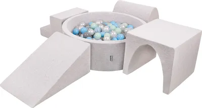Produktbild von KiddyMoon spielplatz aus schaumstoff mit rund bällebad (300 bälle) ballgruben für babys spielbad hindernisläufen, hergestellt in der eu, hellgrau:perle/grau/transparent/babyblue/minze