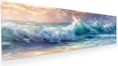Produktbild von Glasbild 120x40cm in XXL für Wohnzimmer, Schlafzimmer Motiv Ozeanwellen Sonnenaufgang