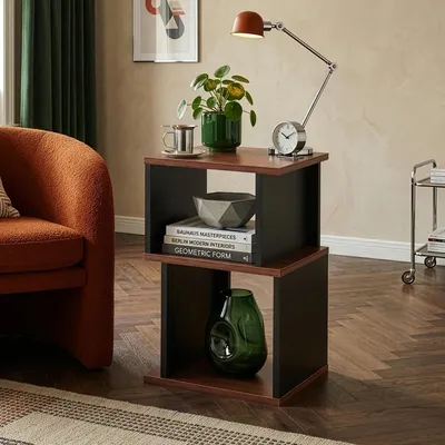 Image de Table d'appoint « Trond » avec 2 compartiments ouverts, 50 x 33 x 29 cm, noir/aspect noyer