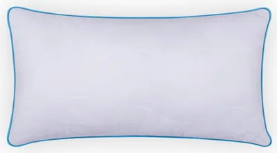 A white pillow with blue trim, shown from a top-down perspective on a white background.