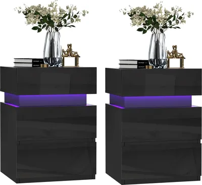 Produktbild von 2x Nachttisch,Nachtschrank mit LED Licht,Nachtkommode mit 3 Schubladen,Schwarz Hochglanz Beistelltisch Sofatisch für Wohnzimmer,Schlafzimmer 35x40x55c