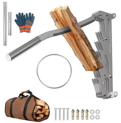 Image de Fendeuse manuelle pour bois de chauffage, à fixer au mur, avec poignée extensible amovible, sac pour le bois de chauffage et gants de protection, couleur argent