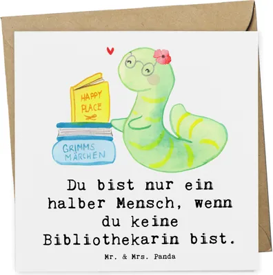 Produktbild von Mr. & Mrs. Panda faltkarte Bibliothekarin Herz - Weiß - Geschenk, Witzig, Buchhandlung, Bibliothek, Klappkarte, doppelkarte, Beruf, anlasskarte, Glückwunschkarte