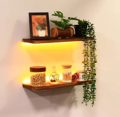 Produktbild von Schwebende Wandregale mit LED-Lichterkette, Wandregal aus Holz, Hängeregal, modernes Dekoregal für Wohnzimmer, Schlafzimmer, Küche, Büro
