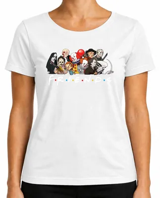 Imagen del producto de Camiseta para mujer con motivos de terror: Pennywise, Chucky, Michael Myers, Jason Voorhees, Freddy Krueger. Color: blanco. Talla: S