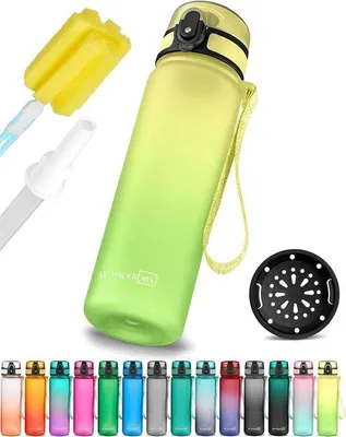 Immagine prodotto di Borraccia per bambini, a tenuta stagna - 350 ml, 500 ml, 750 ml - con cannuccia o filtro - borraccia leggera in Tritan - senza BPA - per la scuola materna e la scuola (giallo-verde, 500 ml)
