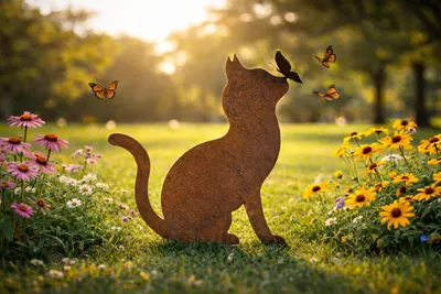Produktbild von Gartendeko Gartenstecker Katze mit Schmetterling, Edelrost Rost-Optik Garten
