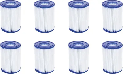Eight identical pool filter cartridges are arranged in two rows of four on a white background.