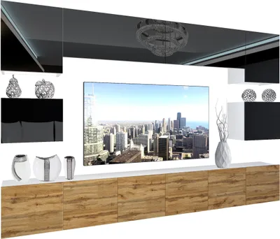 Produktbild von BELINI Wohnwand Vollausstattung Wohnzimmer-Set Moderne Schrankwand mit LED-Beleuchtung Weiß Glänzend Anbauwand TV-Schrank Schwarz / Wotan Eiche Glänzend/Matt