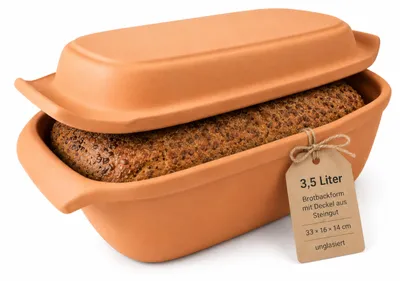 Produktbild von KERAZO 3,5 Liter Brotbackform mit Deckel aus Steingut, 33×16×14 cm, Bräter, Auflaufform, Gratinform, Schmortopf, Brottopf – natur
