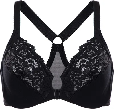 Produktbild von BH für Damen mit Racerücken und Vorderverschluss, schwarz mit Blumenmuster