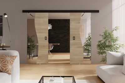 Produktbild von Schwebetür mit Spiegel 210 cm Kaja Duo - Design Schiebetür, Wohnzimmer, Zimmertür, Schiebetürsystem (Sonoma Eiche)