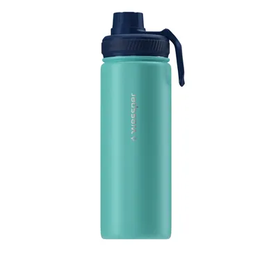 A single teal thermos bottle with a dark blue lid and handle, isolated on a white background.