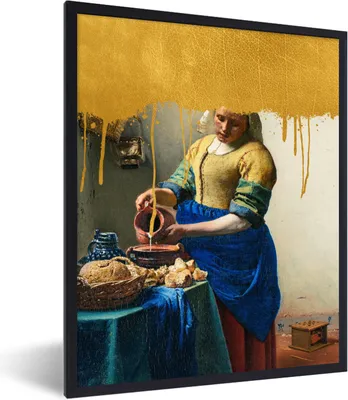 Produktbild von MuchoWow® Gerahmtes Poster Milchmädchen - Gold - Alte Meister 60x80 cm - Poster mit Schwarzem Bilderrahmen Wandposter Rahmen Foto Bilder - Premium - Wanddeko Wohnzimmer