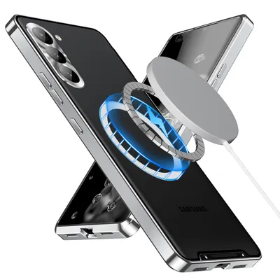 A silver and black phone case with a magnetic charging ring is shown against a white background.