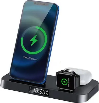 Obrázek produktu pro Bezdrátová nabíječka 4 v 1 s digitálními hodinami, 15 W - černá