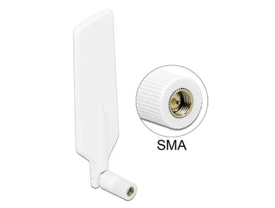 Produktbild von Delock LTE Antenne Dualband WLAN ac/a/b/g/n SMA Stecker 1 - 4 dBi omnidirektional drehbar mit Kippgelenk weiß
