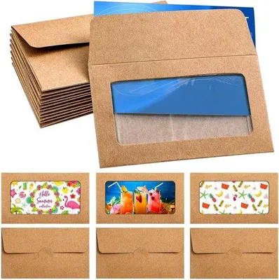 Image de Petites pochettes cadeaux marron avec fenêtre - 10 x 6 cm - pour cartes de visite, chèques-cadeaux et argent liquide - sans adhésif