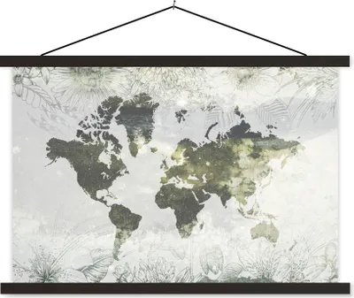 Produktbild von MuchoWow® Textilposter Weltkarte - Blumen - Gelb 60x40 cm mit schwarzem Rahmen - Hölzernes