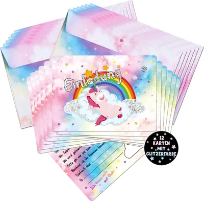 Produktbild von 12x Einladungskarten Kindergeburtstag Einhorn inkl. Umschläge - Einladung für Kinder mit echtem Glitzer | Einladungskarten Geburtstag Mädchen | Auch zur Einschulung o. Partyeinladungen