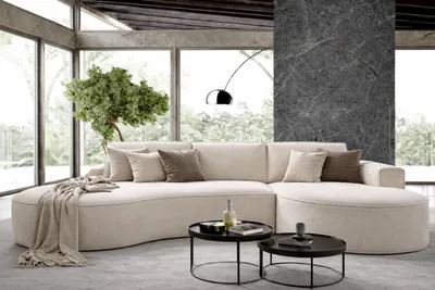 Immagine prodotto di Divano angolare MOLLY di forma arrotondata in tessuto velour grigio beige crema - forma arrotondata di tendenza! (con funzione di riposo) Superficie di sdraio: 140x207 cm